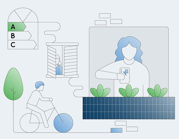 Illustration Private Symbolbild für klimafreundlichen Alltag mit Energielabel, Fahrrad und Solarpanel